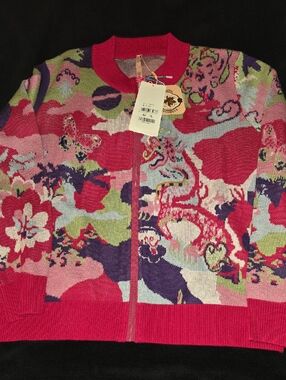 Floral Dragon Zip Cardigan Sweater - Pink Multi